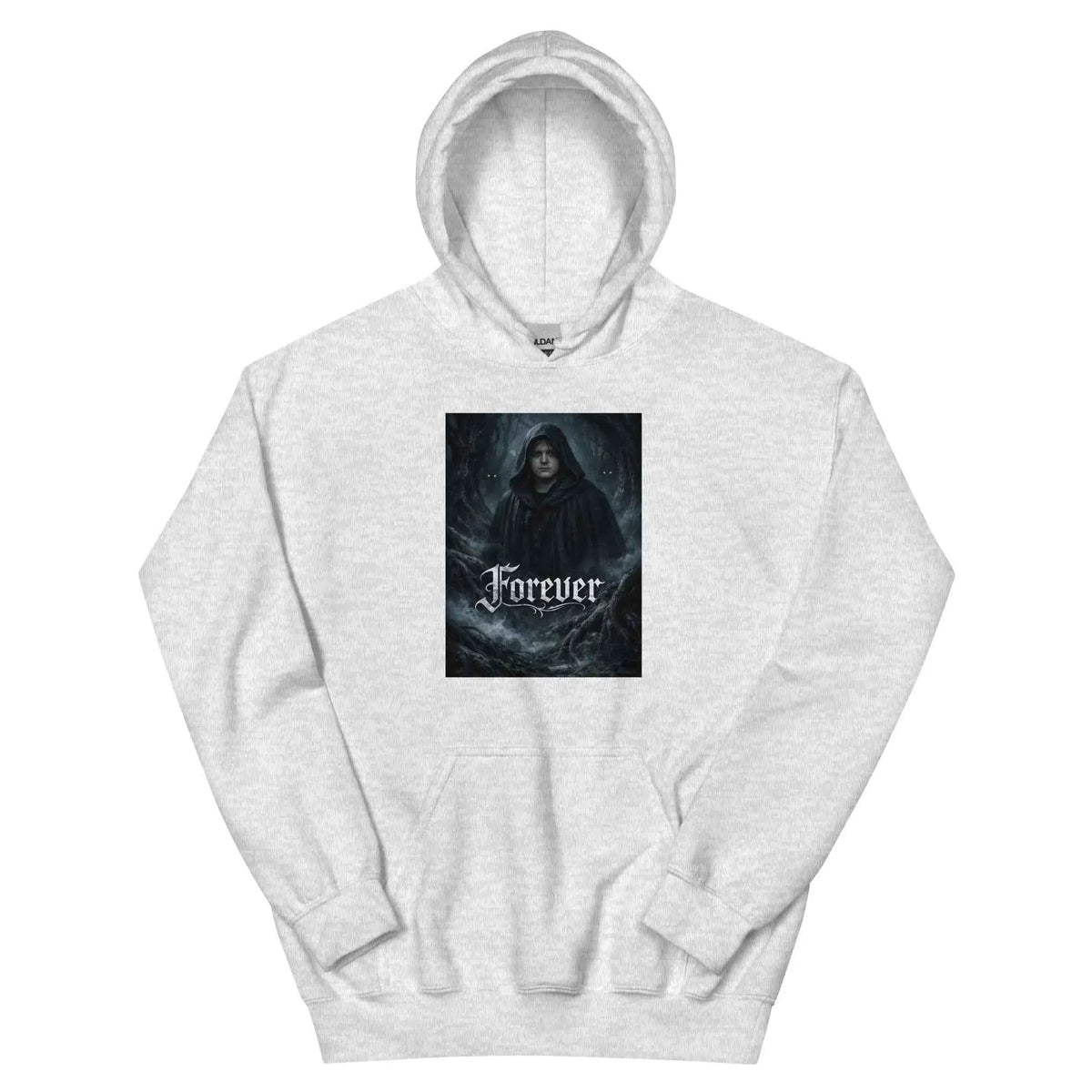 Unisex pullover hoodie in light gray with 'Forever' graphic on front, hood and kangaroo pocket