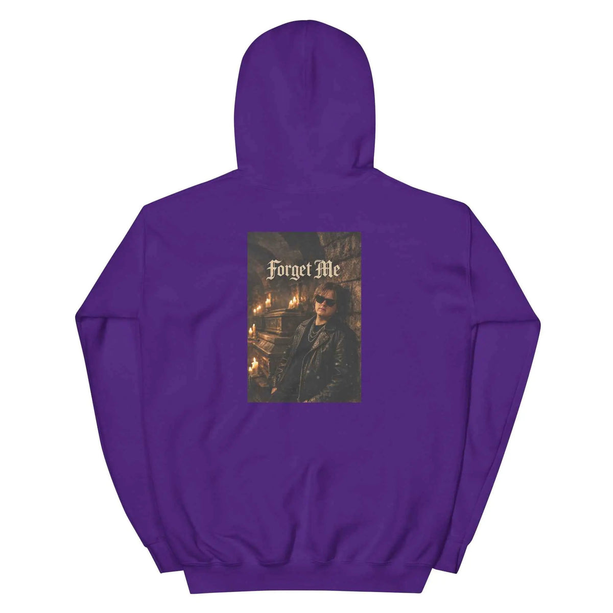 Purple fleece pullover hoodie with back graphic print and kangaroo pocket