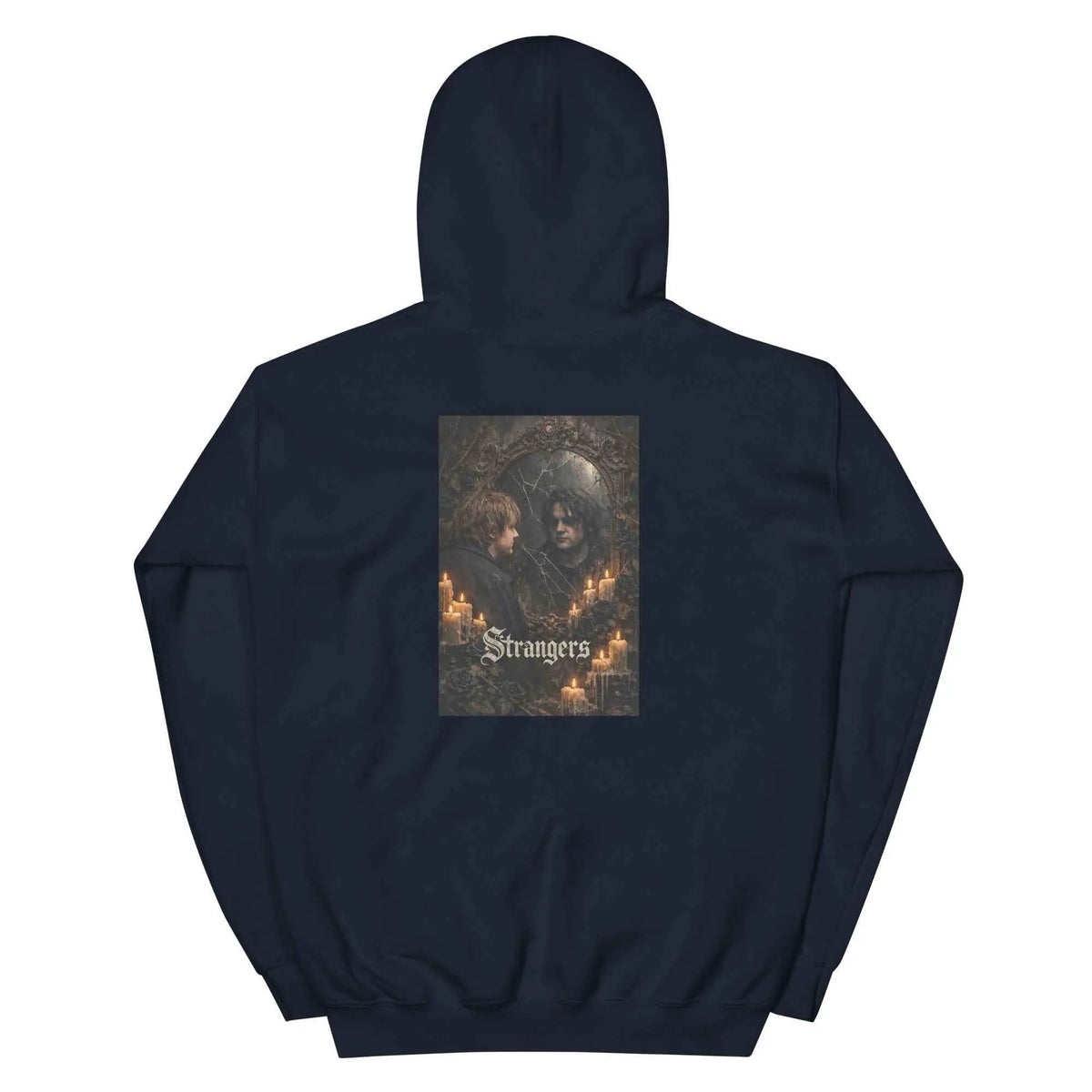 Navy unisex gothic hoodie, back view; square candle portrait graphic