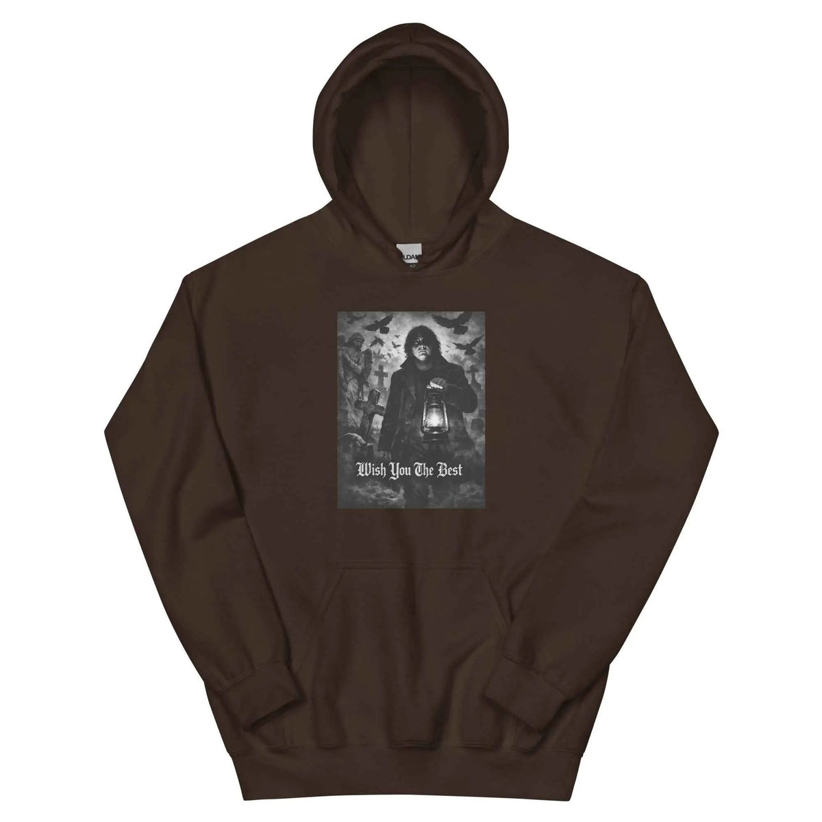Dark chocolate unisex hoodie with front graphic, pullover hood, and kangaroo pocket.