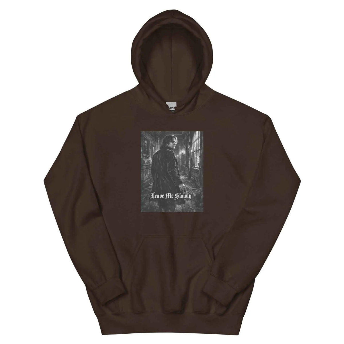 Dark brown unisex hoodie with front square graphic and kangaroo pocket, pullover hood.