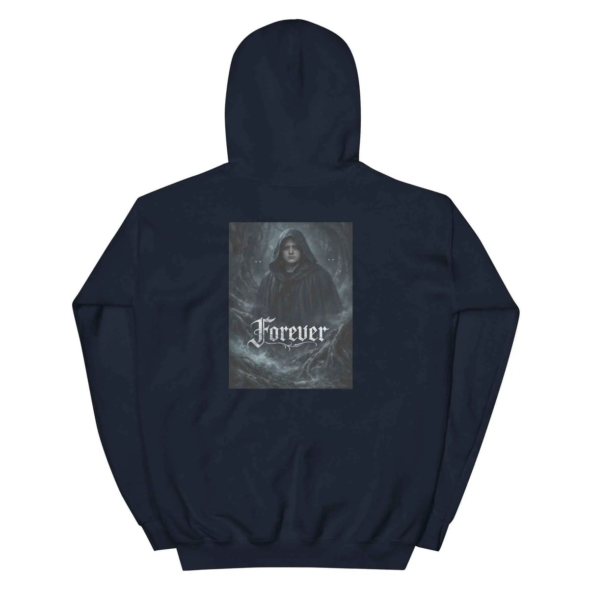 Navy unisex pullover hoodie with back hood and kangaroo pocket, 'Forever' graphic print