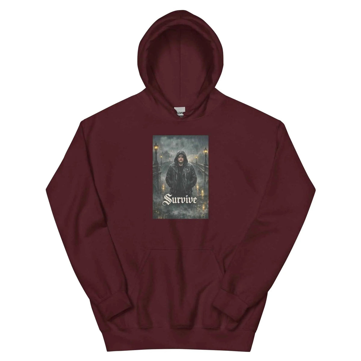 Maroon unisex hooded pullover sweatshirt with front 'Survive' gothic graphic
