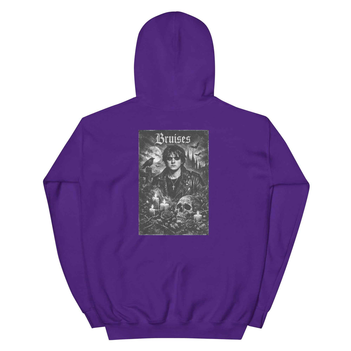 Purple pullover hoodie with hood and back "Bruises" graphic print