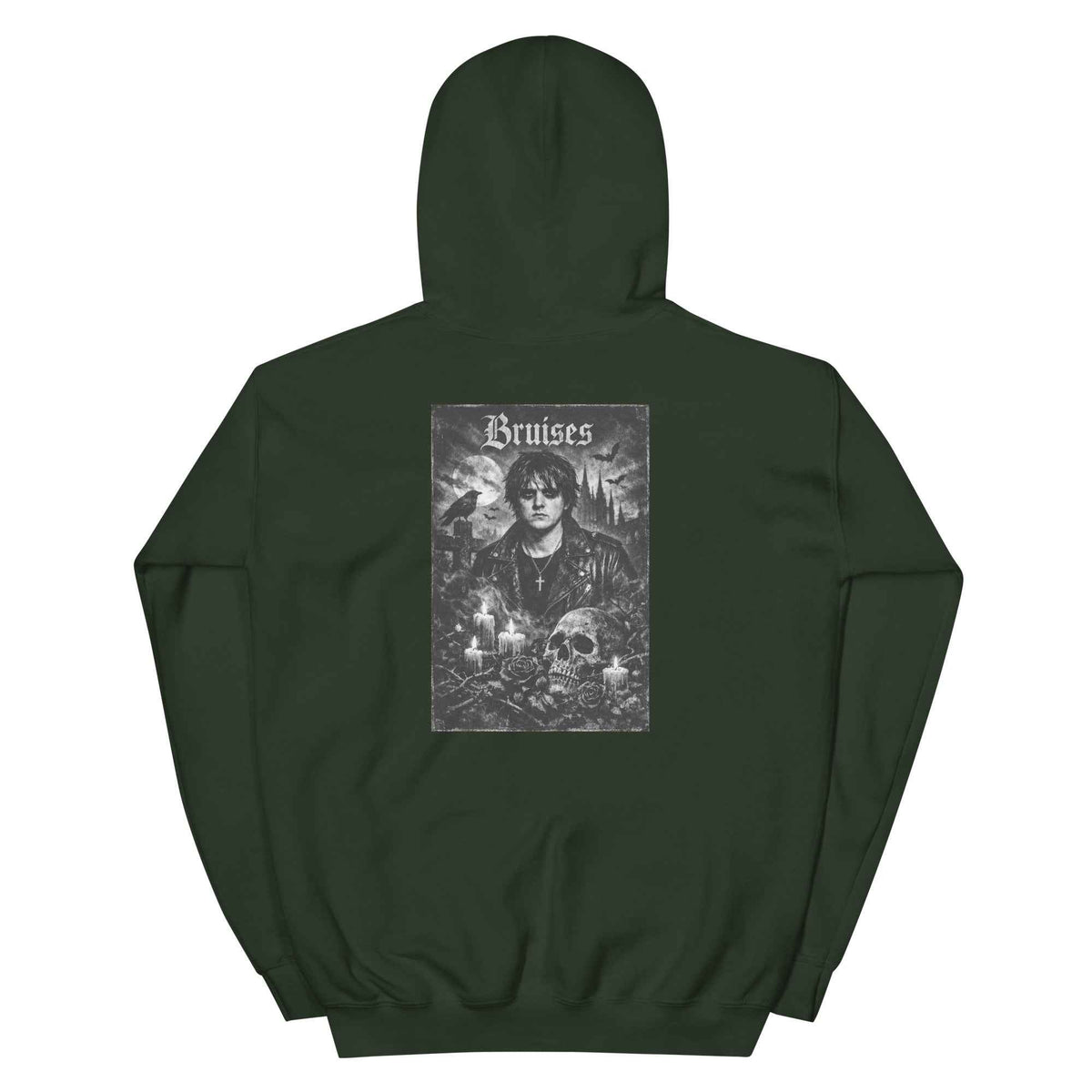 Unisex Lewis Capaldi Gothic Bruises pullover hoodie, forest green, back graphic print