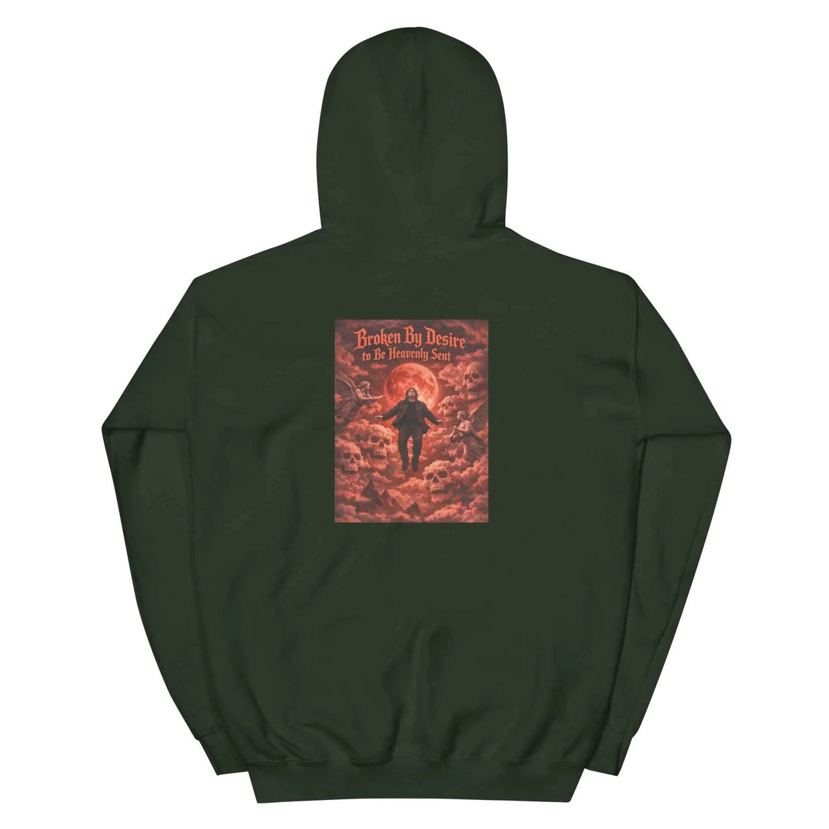 Forest green pullover hoodie with back graphic print and kangaroo pocket