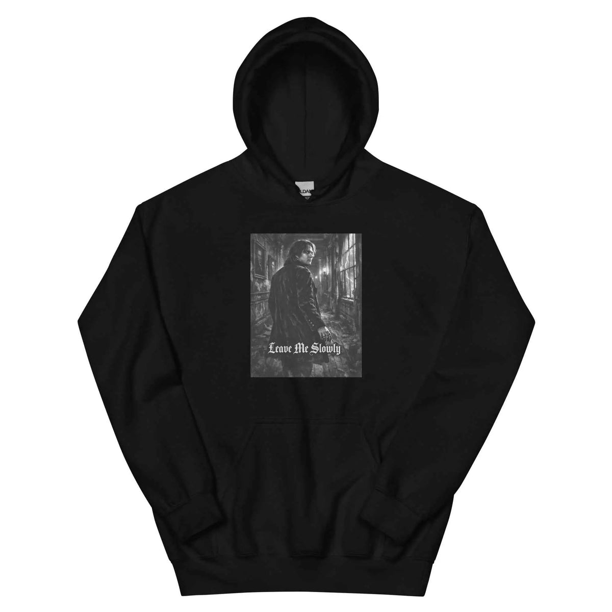 Black unisex hoodie with front square graphic and kangaroo pocket, pullover hood.