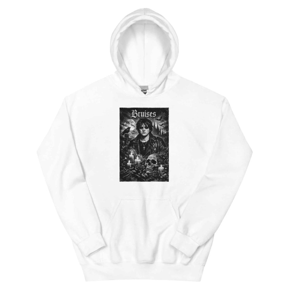 White pullover hoodie with hood, kangaroo pocket, and front "Bruises" graphic