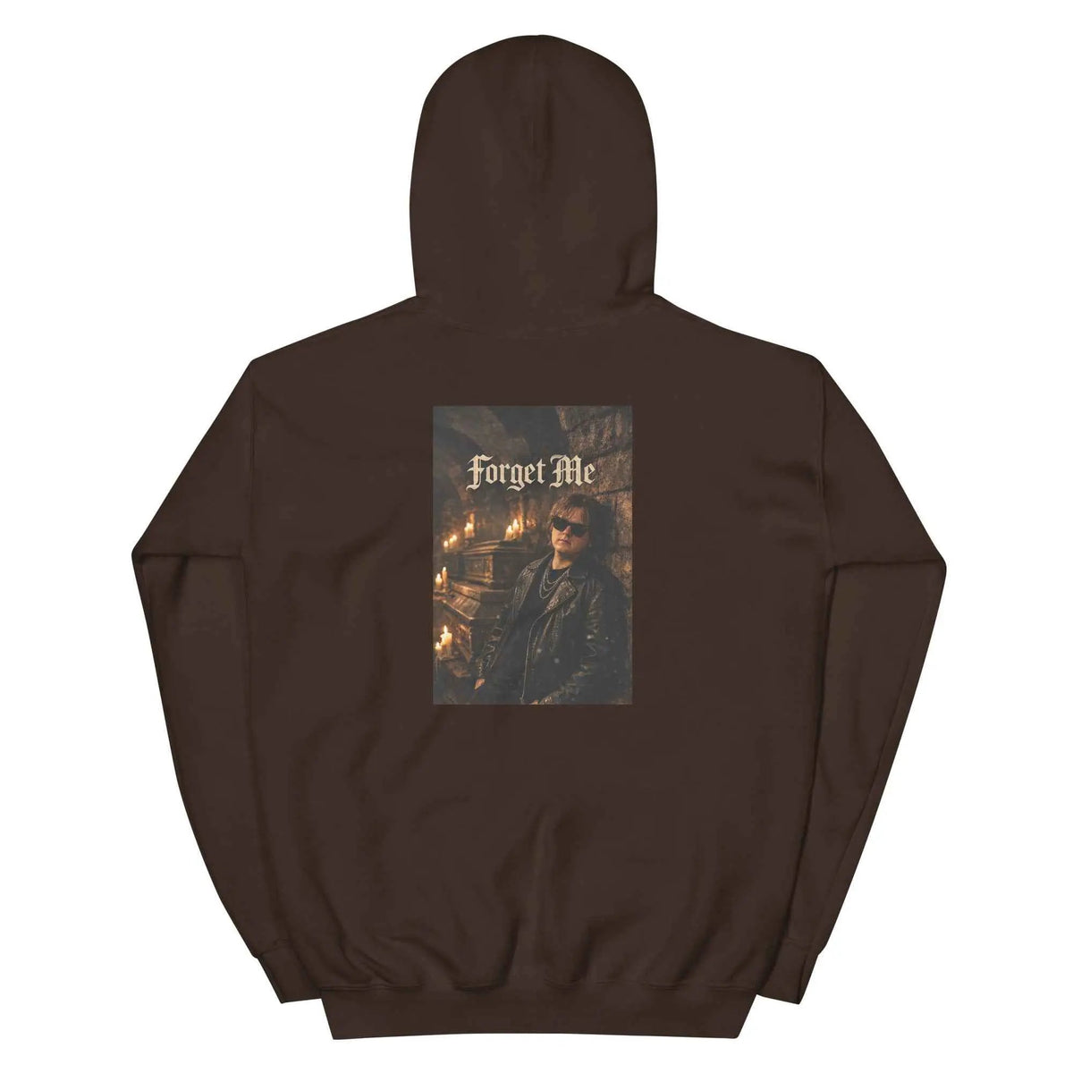 Dark chocolate fleece hoodie with back “Forget Me” gothic graphic and kangaroo pocket