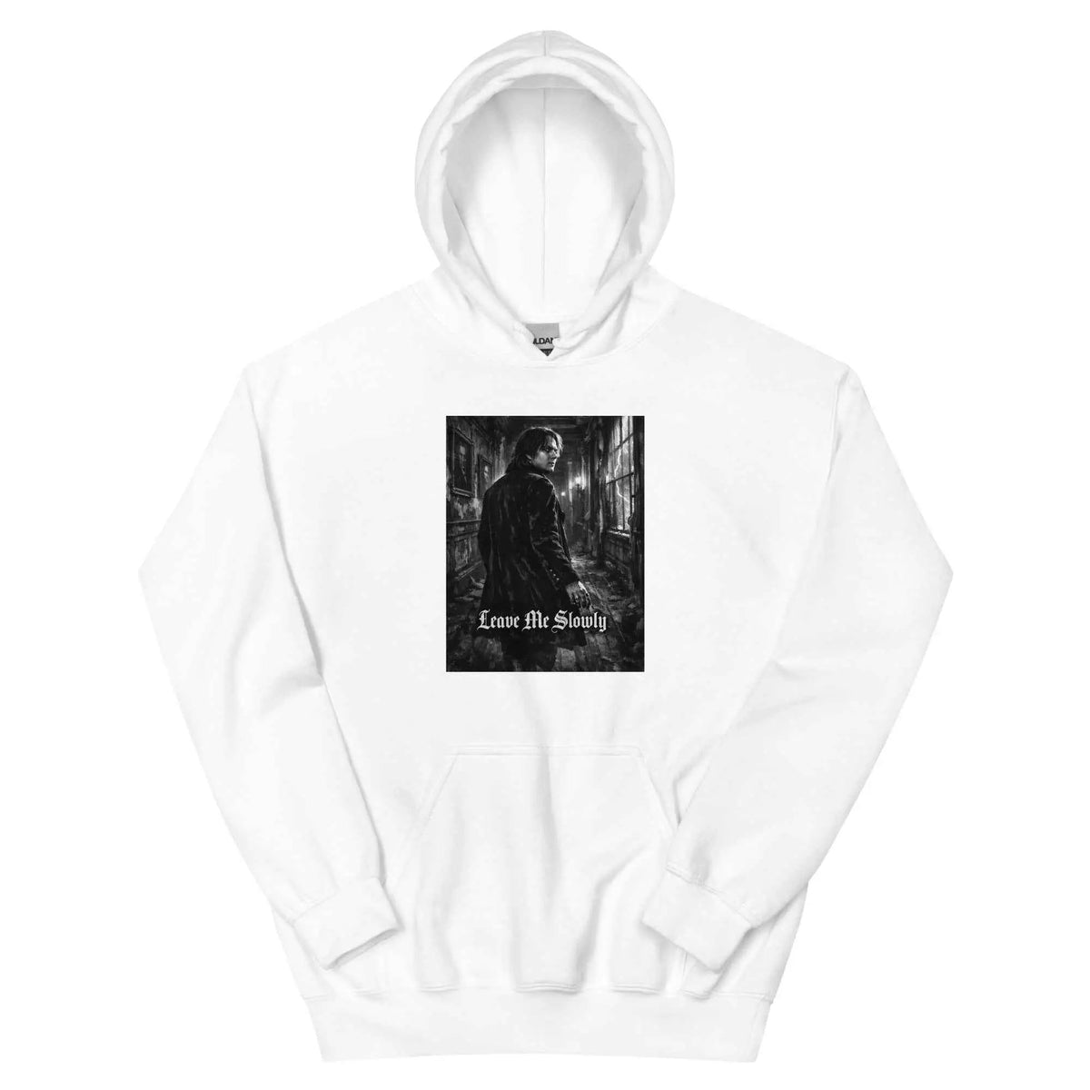White unisex hoodie with hood and front pocket, featuring a front graphic print.