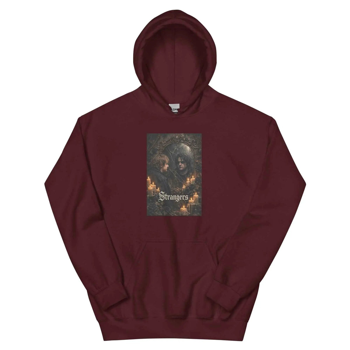 Maroon unisex gothic hoodie with front pocket; square candle portrait graphic
