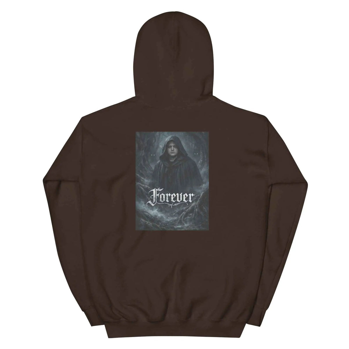 Dark chocolate unisex pullover hoodie with back hood and kangaroo pocket, 'Forever' graphic print