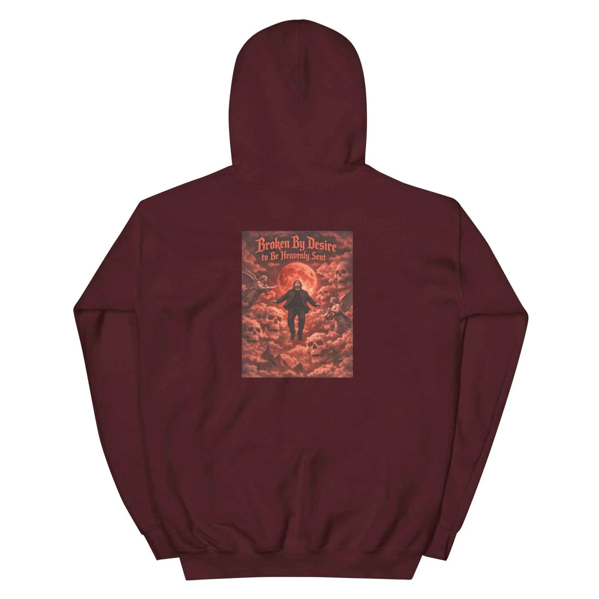 Maroon pullover hoodie with back graphic print and kangaroo pocket