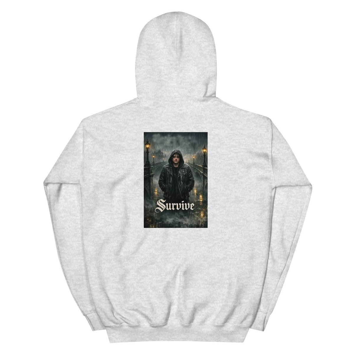 Light gray unisex pullover hoodie with hood and back graphic print panel