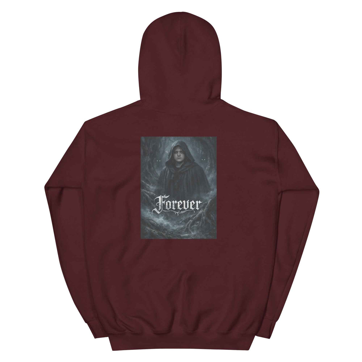 Maroon unisex pullover hoodie with back hood and kangaroo pocket, 'Forever' graphic print