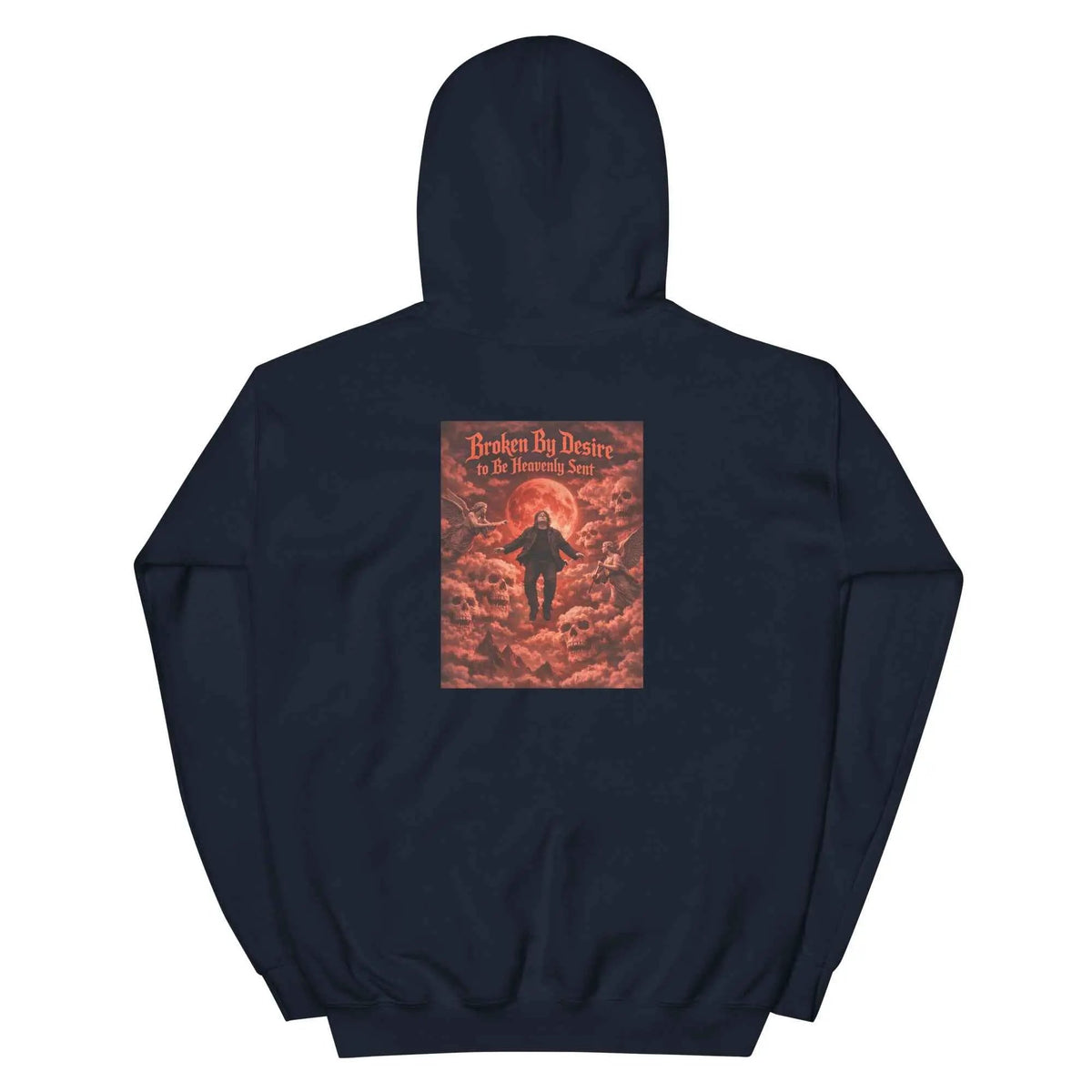 Navy pullover hoodie with back graphic print and kangaroo pocket