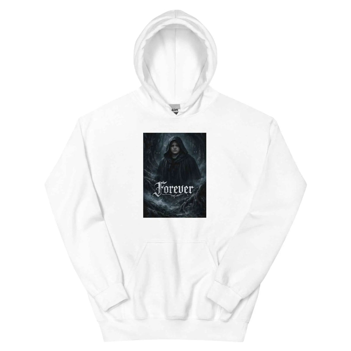 Unisex pullover hoodie in white with 'Forever' graphic on front, hood and kangaroo pocket