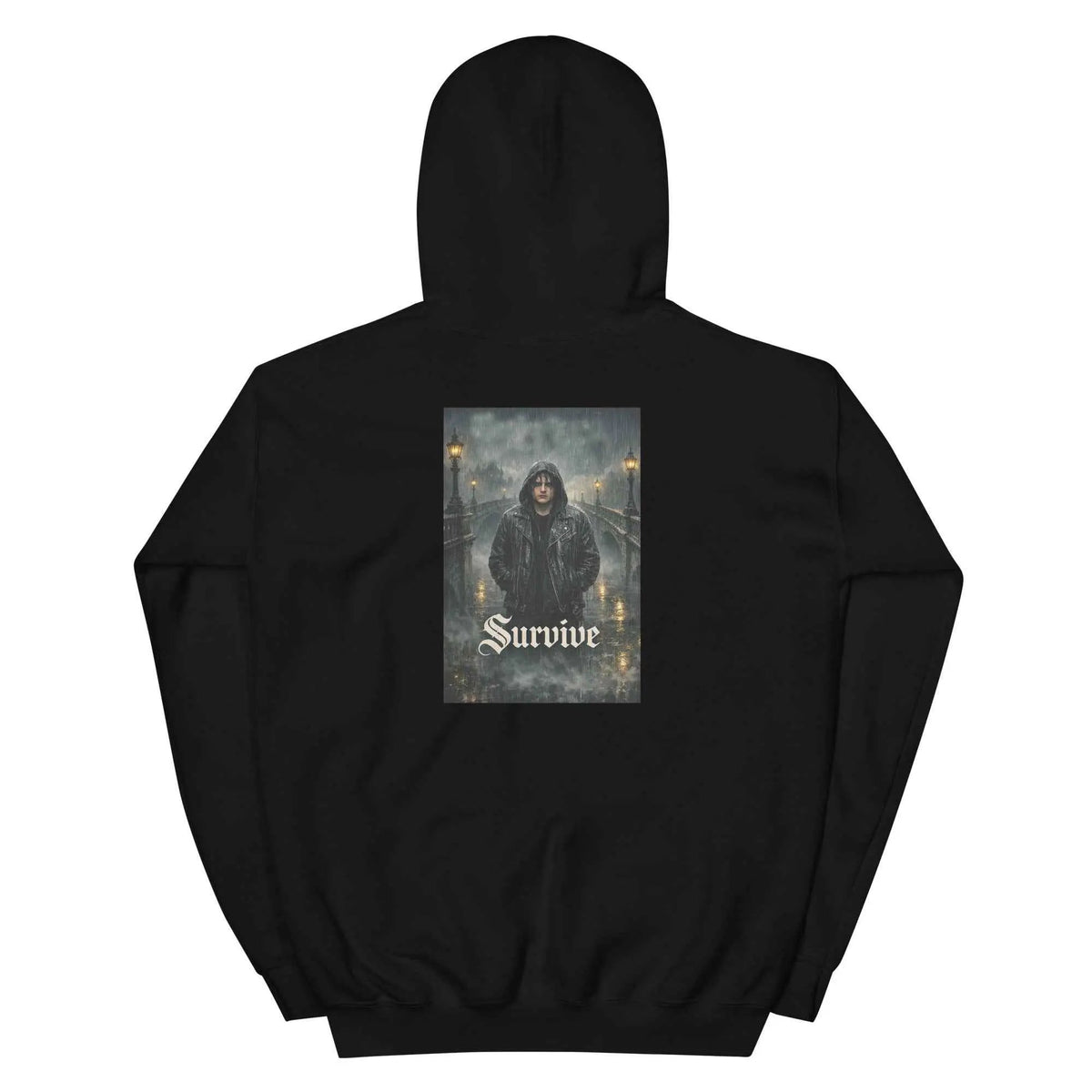Black unisex hooded pullover sweatshirt with back 'Survive' gothic graphic