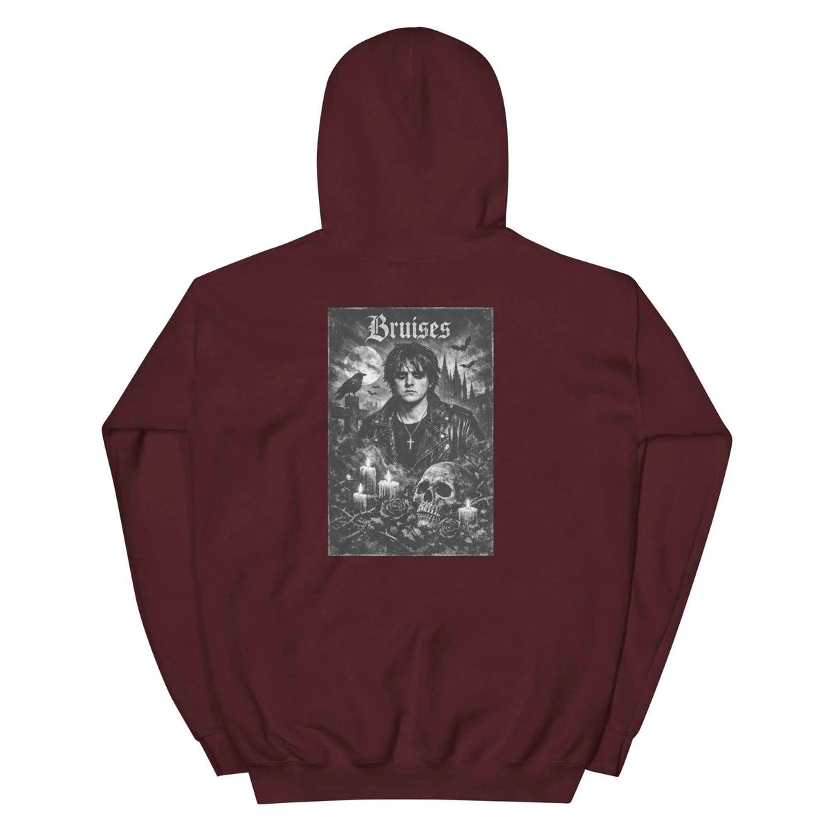 Unisex Lewis Capaldi Gothic Bruises pullover hoodie, maroon, back graphic print