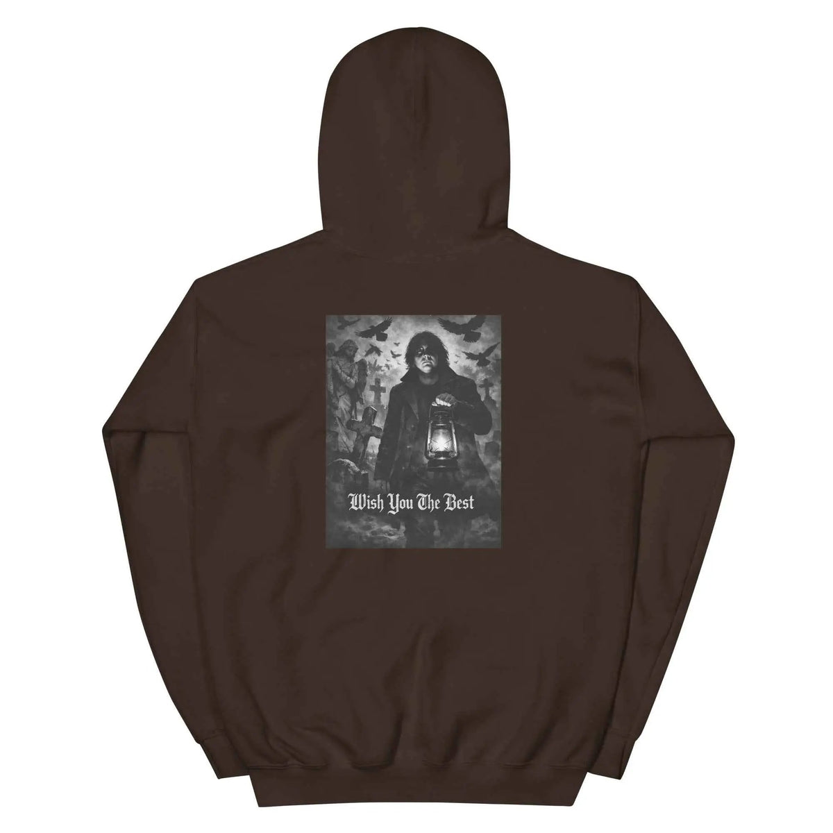Dark chocolate unisex hoodie back with central graphic, pullover hood, and kangaroo pocket.