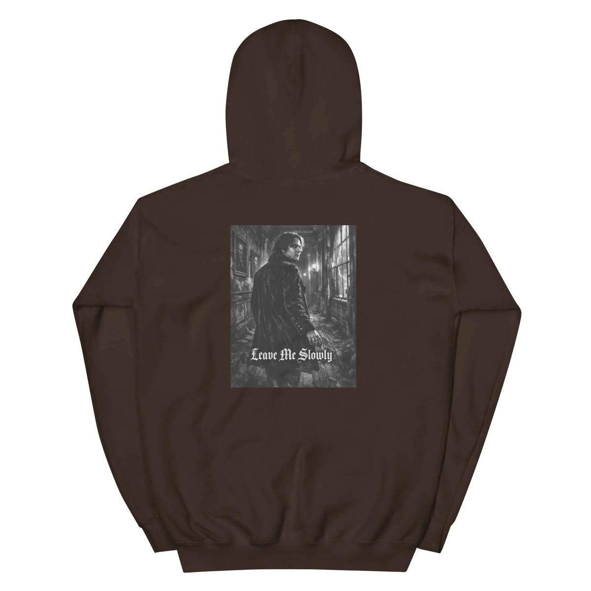 Dark brown unisex hoodie with back square graphic print and pullover hood.