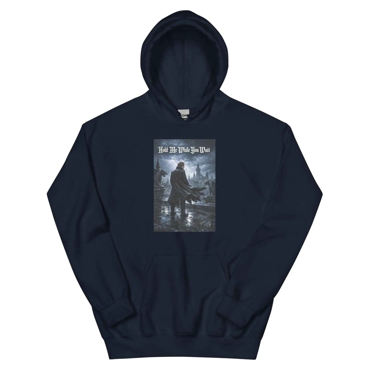 Navy unisex pullover hoodie with hood and front graphic print