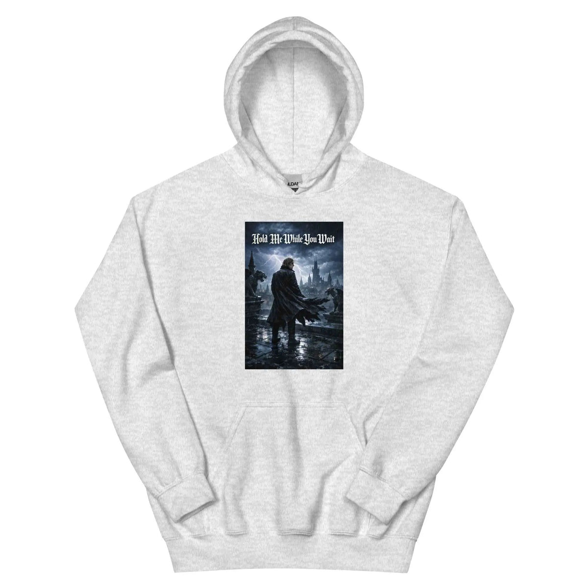 Light gray unisex hoodie with front chest graphic and kangaroo pocket