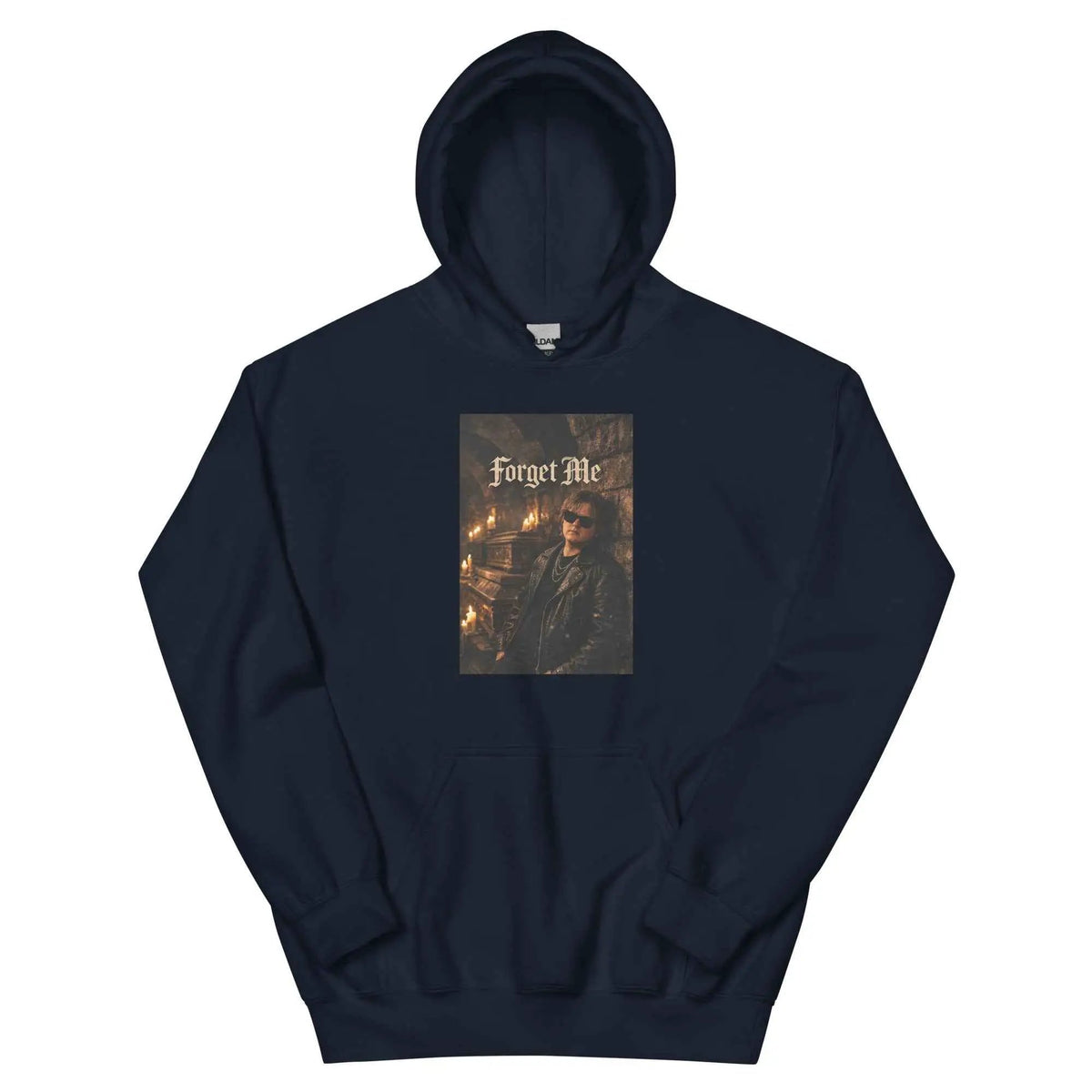 Navy fleece hoodie with front “Forget Me” gothic graphic and kangaroo pocket