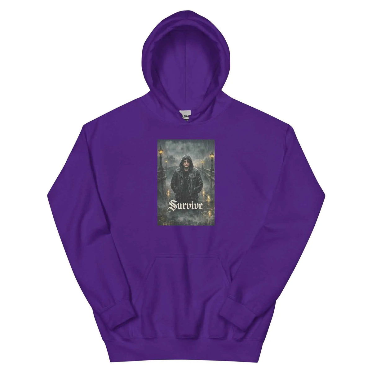Purple unisex pullover hoodie with hood and front chest graphic print