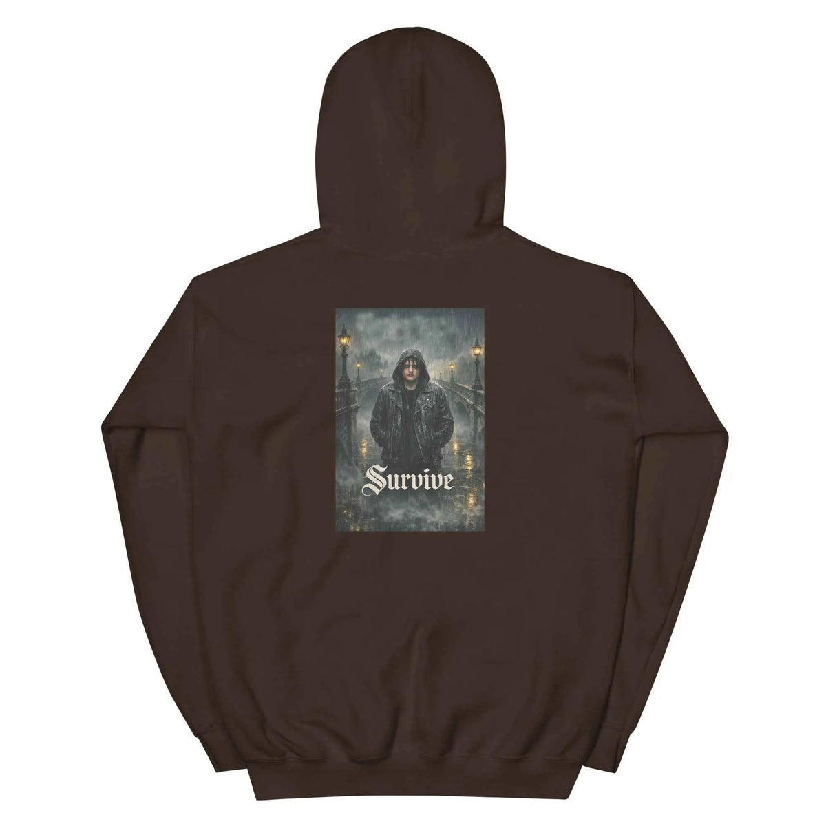 Dark chocolate unisex hooded pullover sweatshirt with back 'Survive' gothic graphic