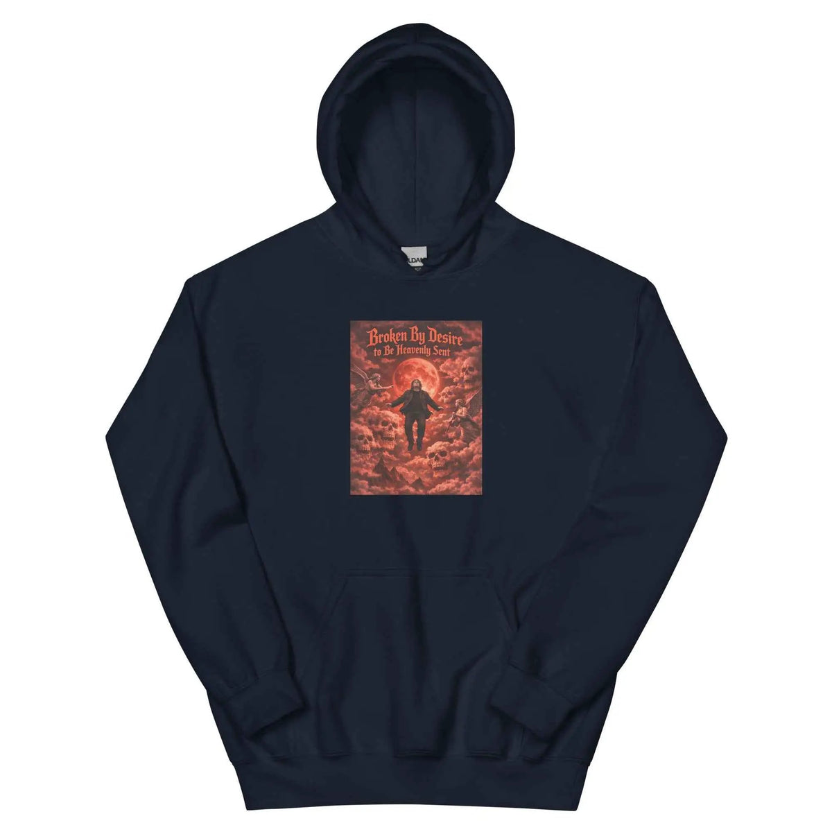Navy pullover hoodie with front graphic print and kangaroo pocket