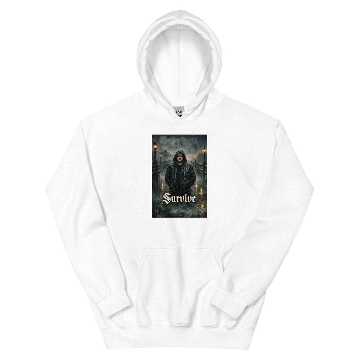 White unisex pullover hoodie with hood and front chest graphic print
