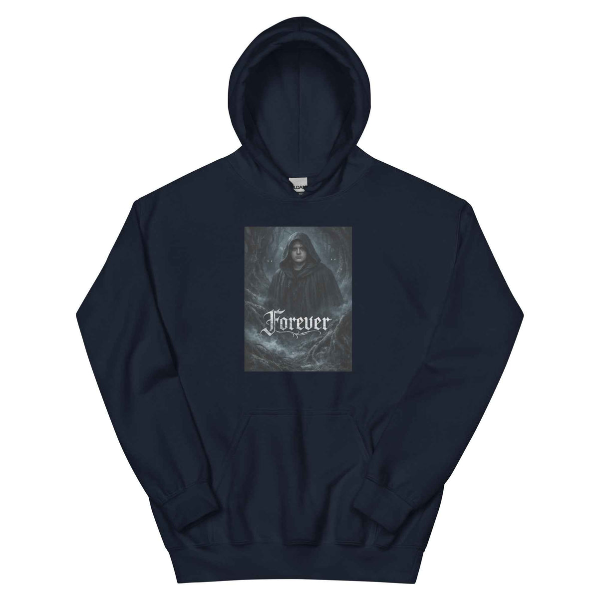 Navy unisex pullover hoodie with front hood and kangaroo pocket, 'Forever' graphic