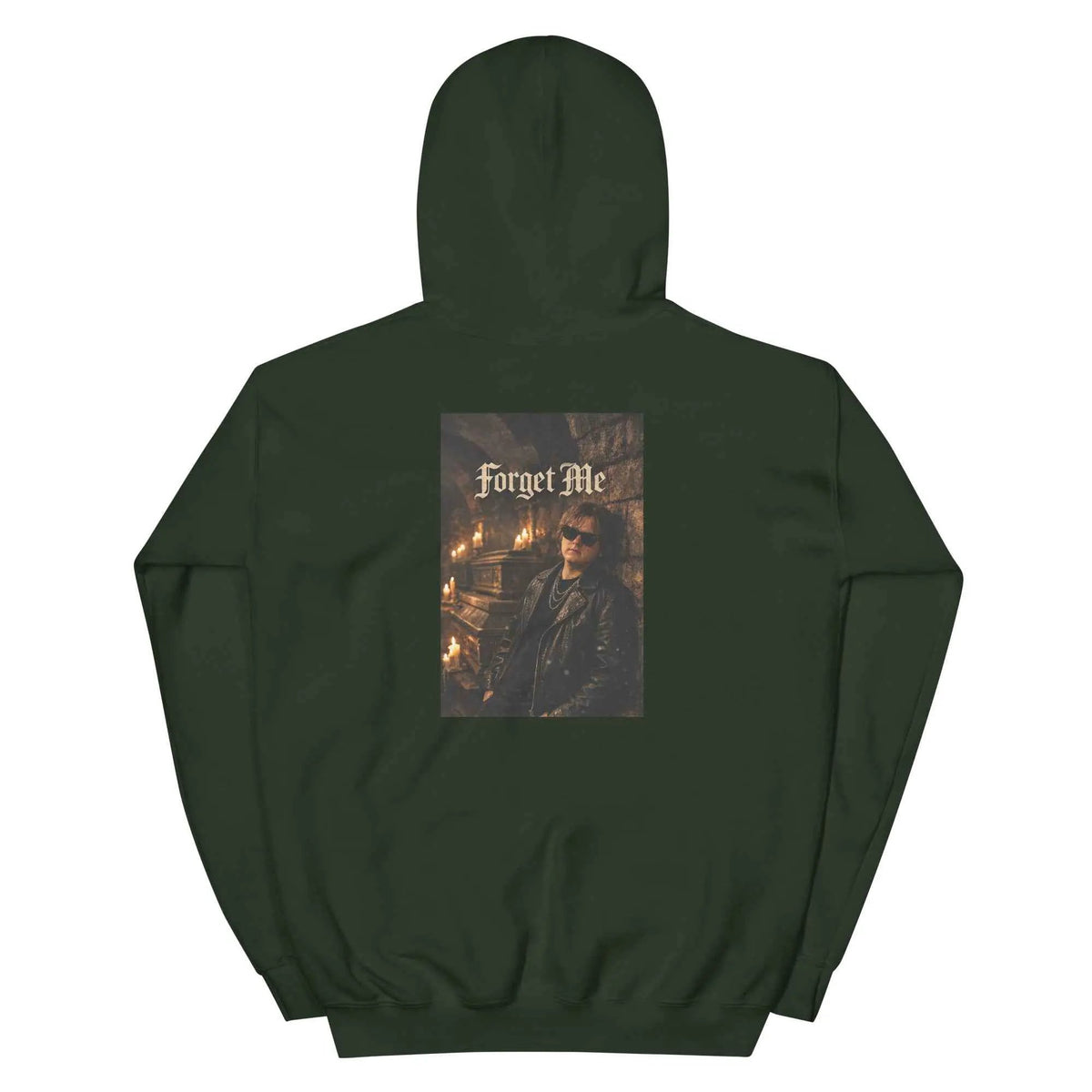 Forest green fleece hoodie with back “Forget Me” gothic graphic and kangaroo pocket