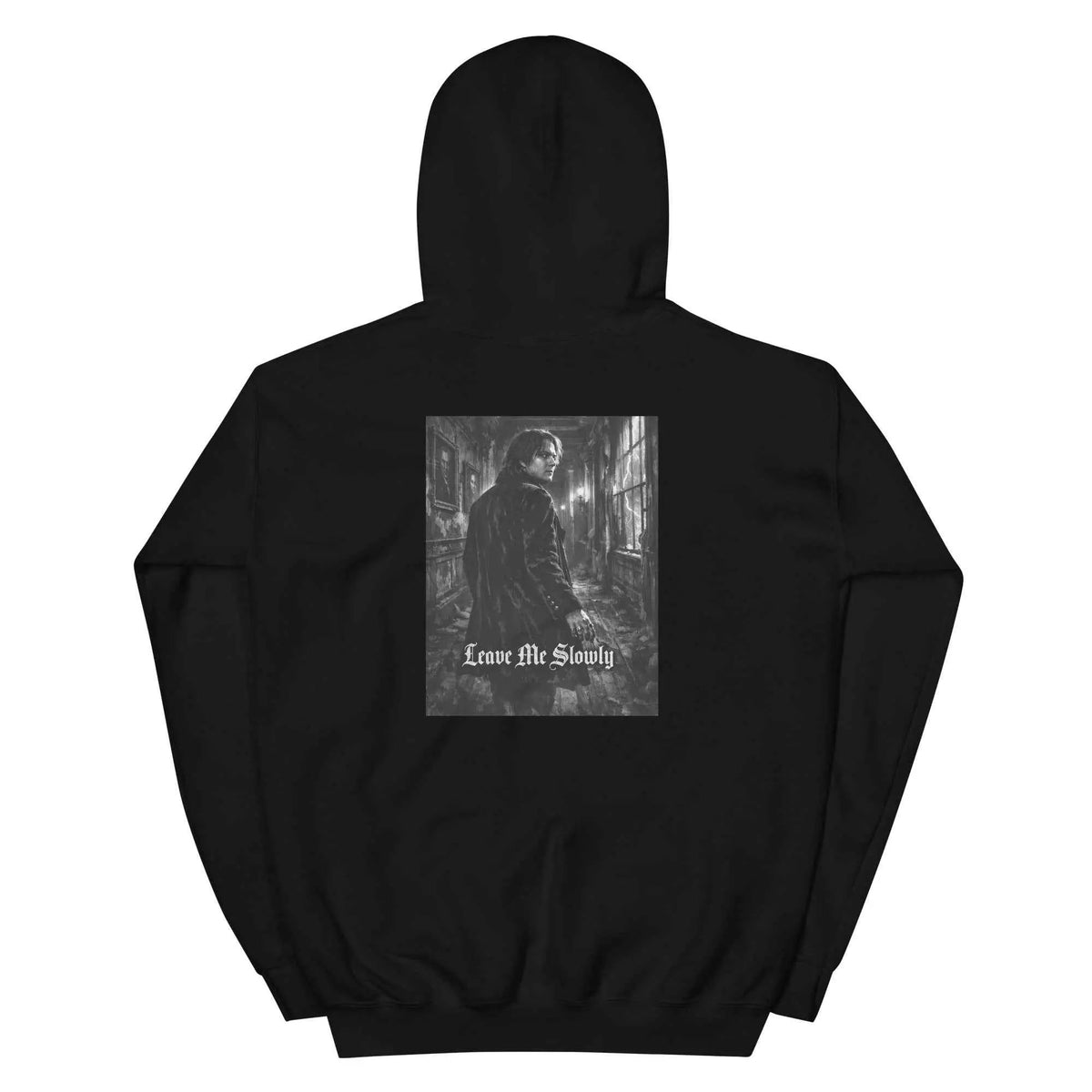 Black unisex hoodie with back square graphic print and pullover hood.