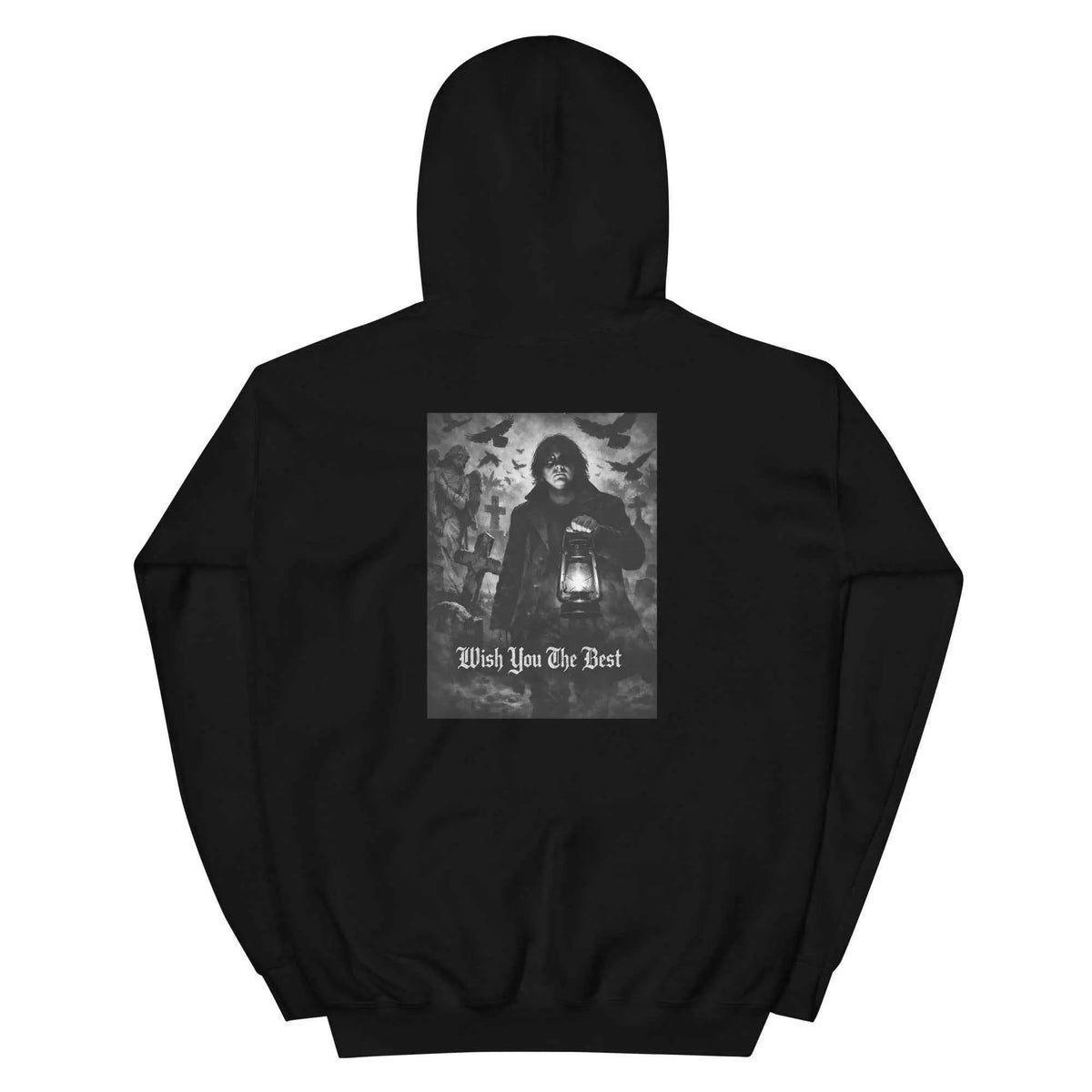 Black unisex hoodie back with central graphic, pullover hood, and kangaroo pocket.