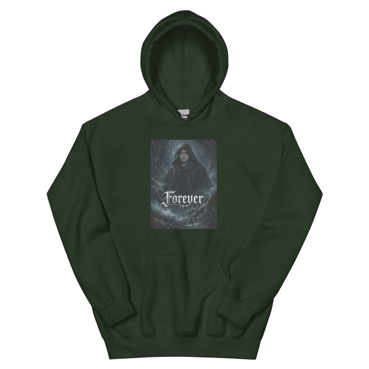 Forest green unisex pullover hoodie with front hood and kangaroo pocket, 'Forever' graphic