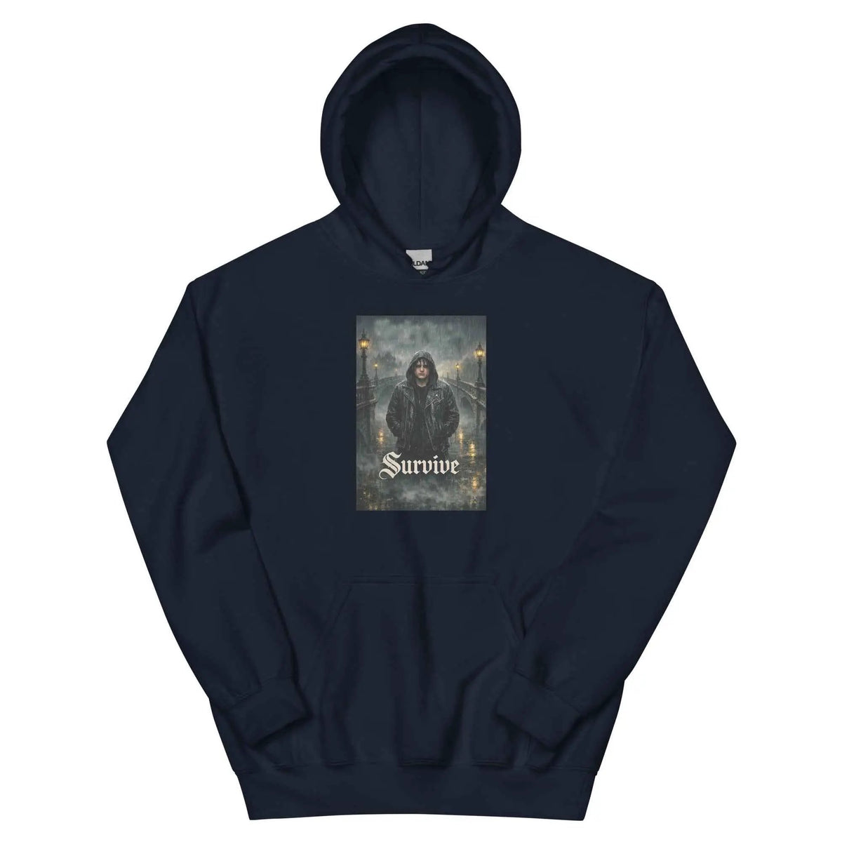 Navy unisex hooded pullover sweatshirt with front 'Survive' gothic graphic