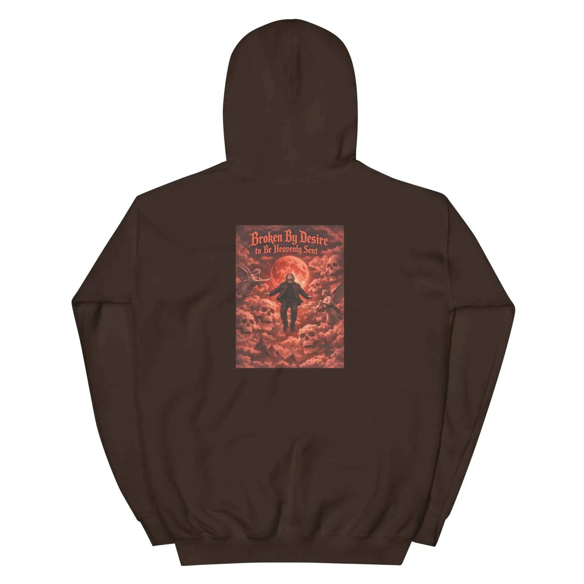 Dark brown pullover hoodie with back graphic print and kangaroo pocket