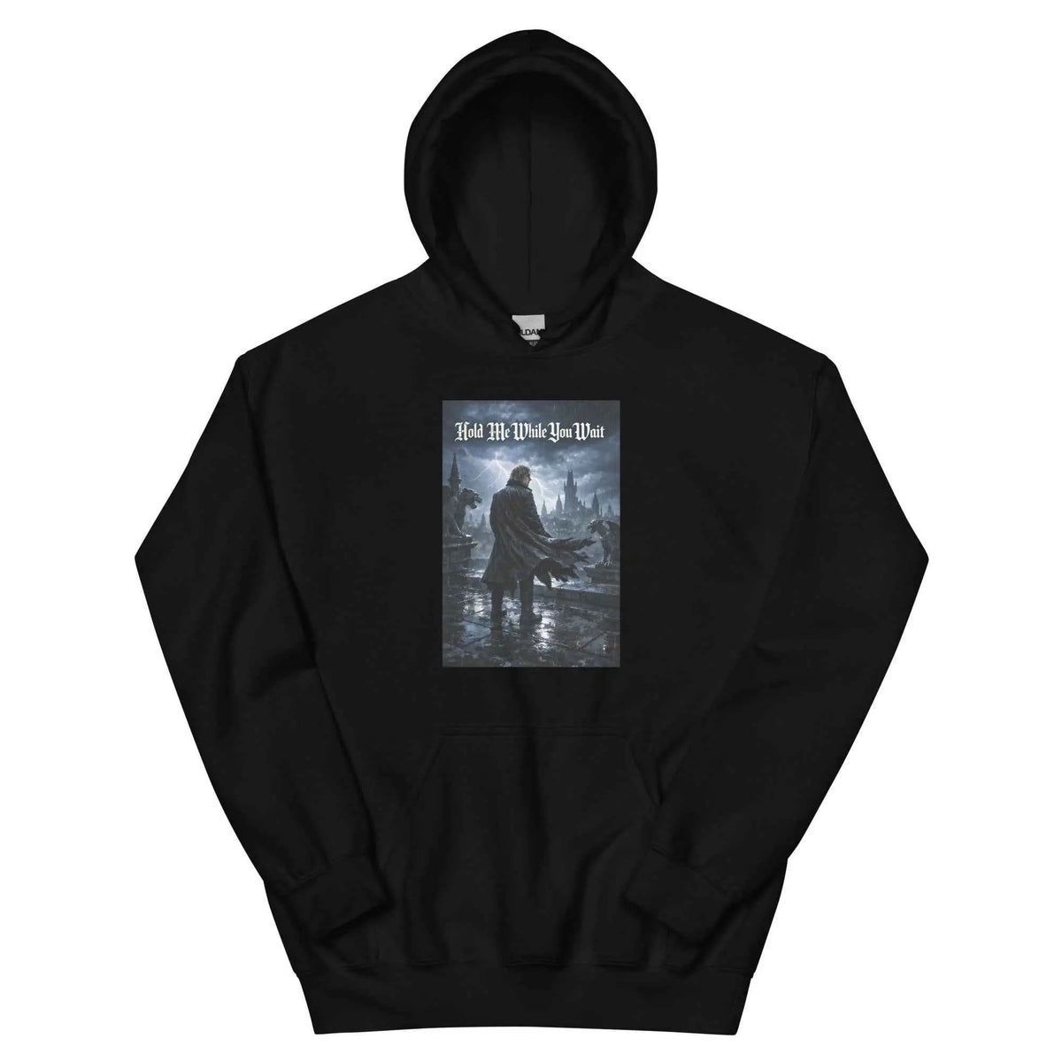 Black unisex pullover hoodie with hood and front graphic print