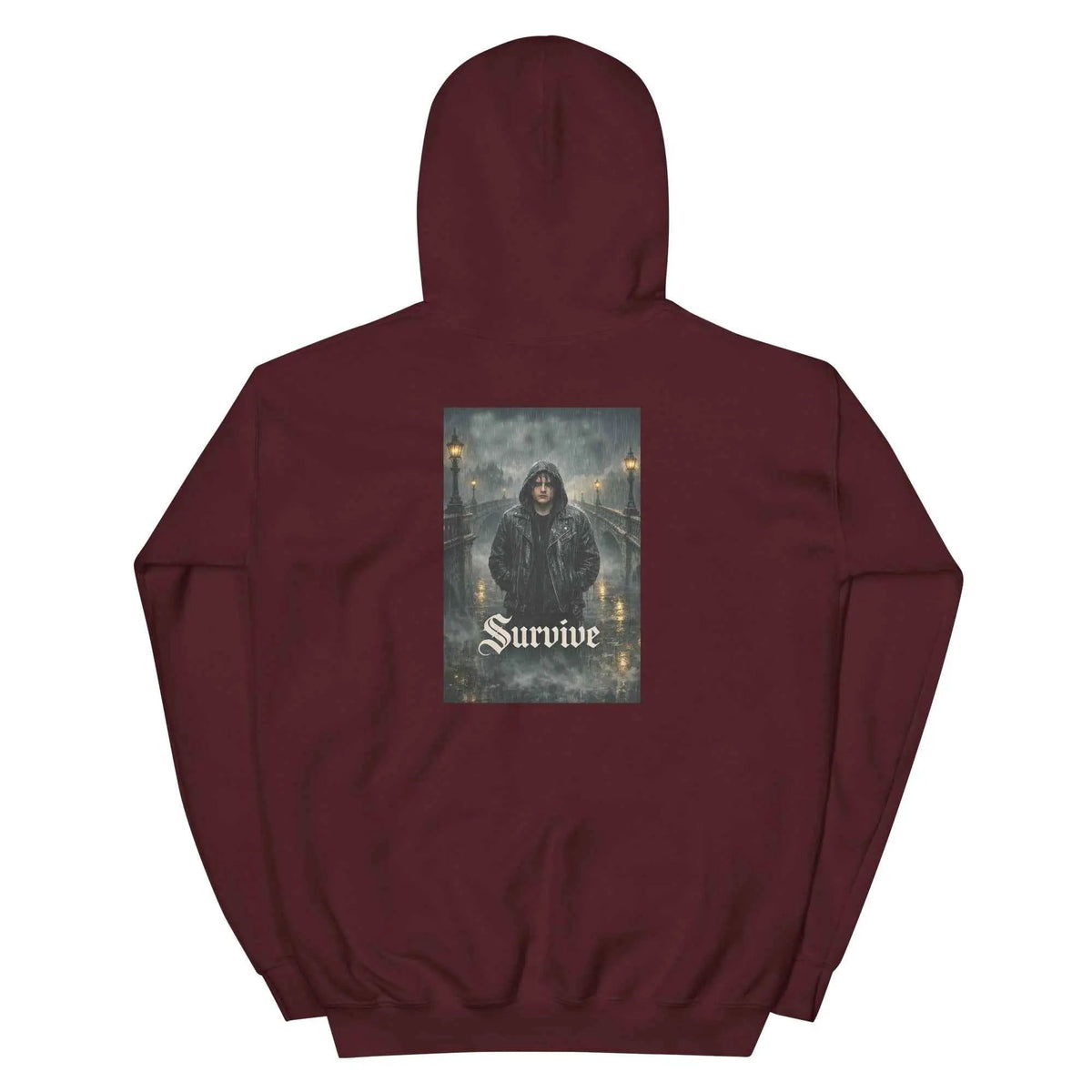 Maroon unisex hooded pullover sweatshirt with back 'Survive' gothic graphic