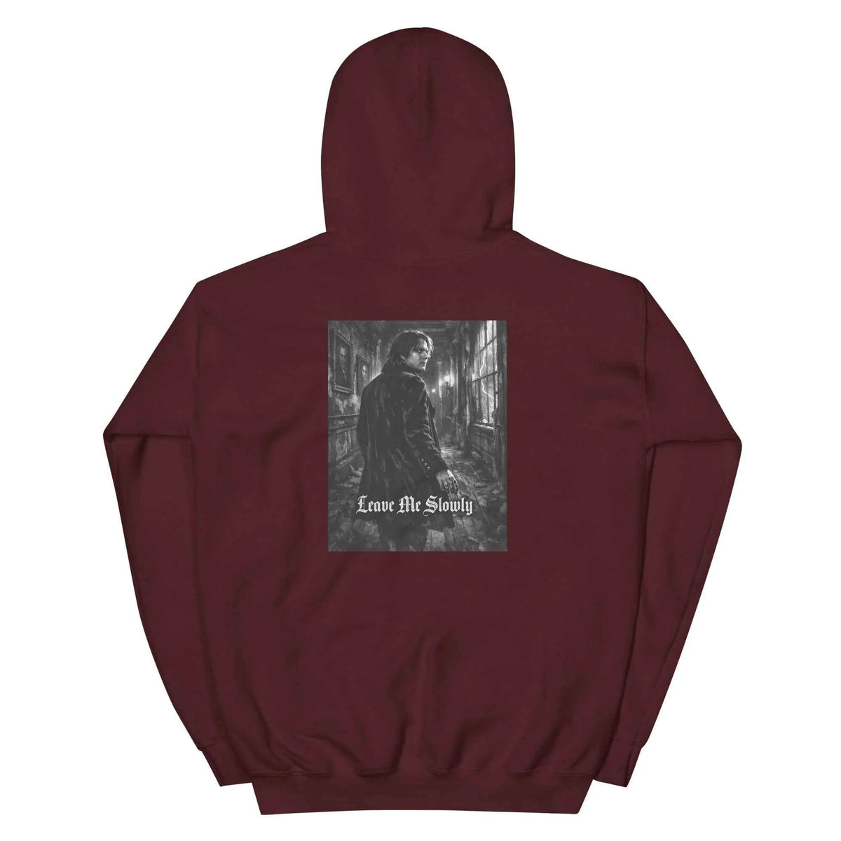 Maroon unisex hoodie with back square graphic print and pullover hood.