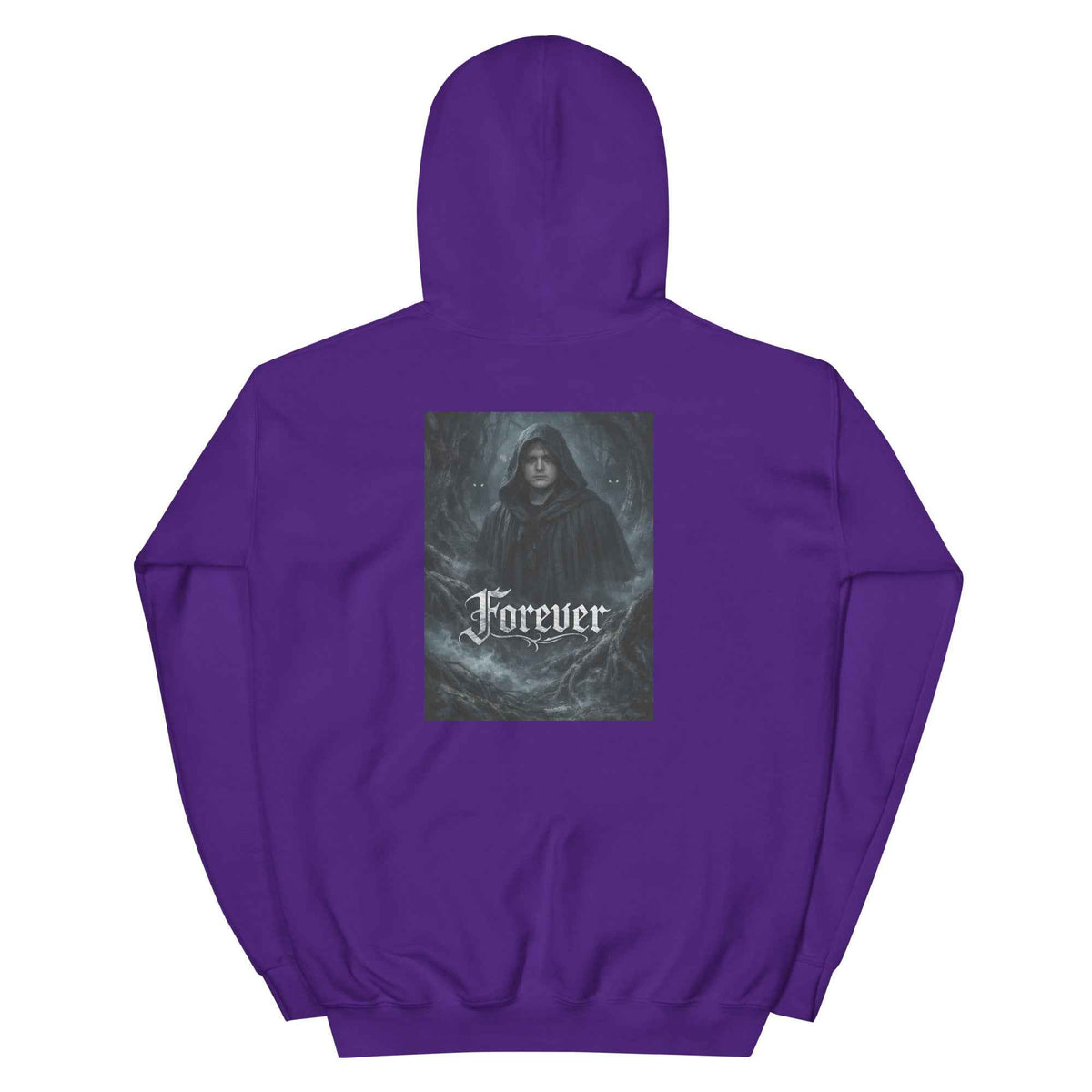 Unisex pullover hoodie in purple with 'Forever' graphic on back, hood and kangaroo pocket