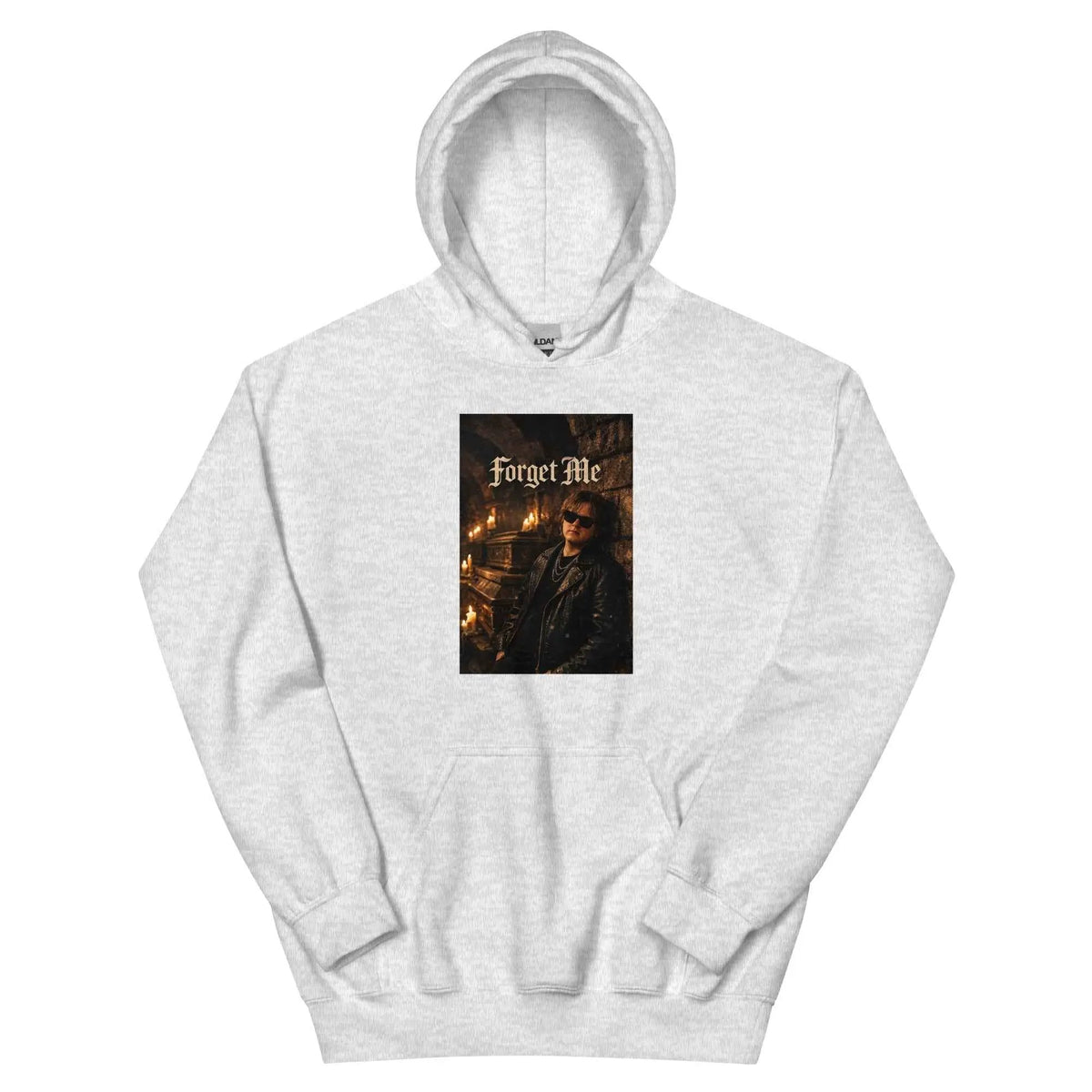 Gray fleece pullover hoodie with front graphic print and kangaroo pocket