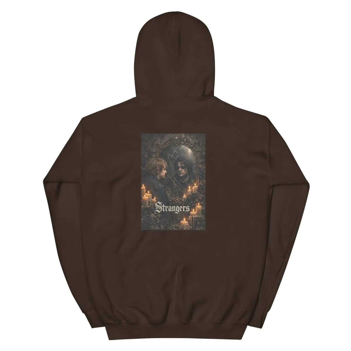 Dark chocolate unisex gothic hoodie, back view; square candle portrait graphic