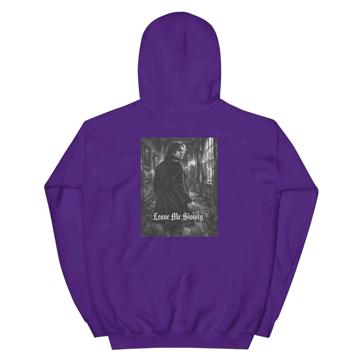 Purple unisex hoodie with hood and kangaroo pocket, featuring a back graphic print.