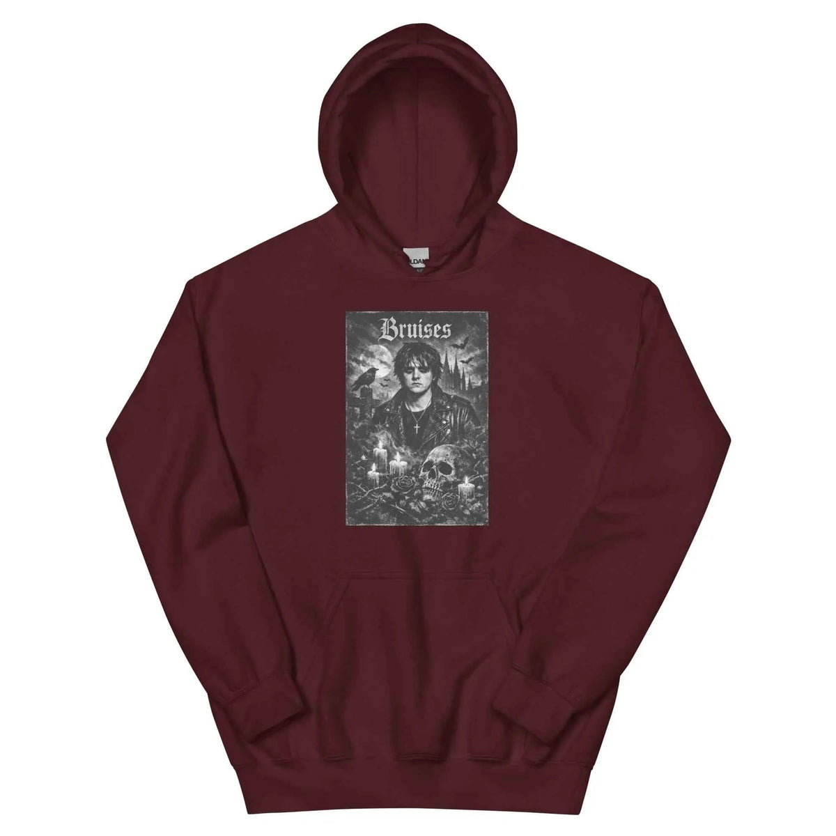 Unisex Lewis Capaldi Gothic Bruises pullover hoodie, maroon, front graphic print