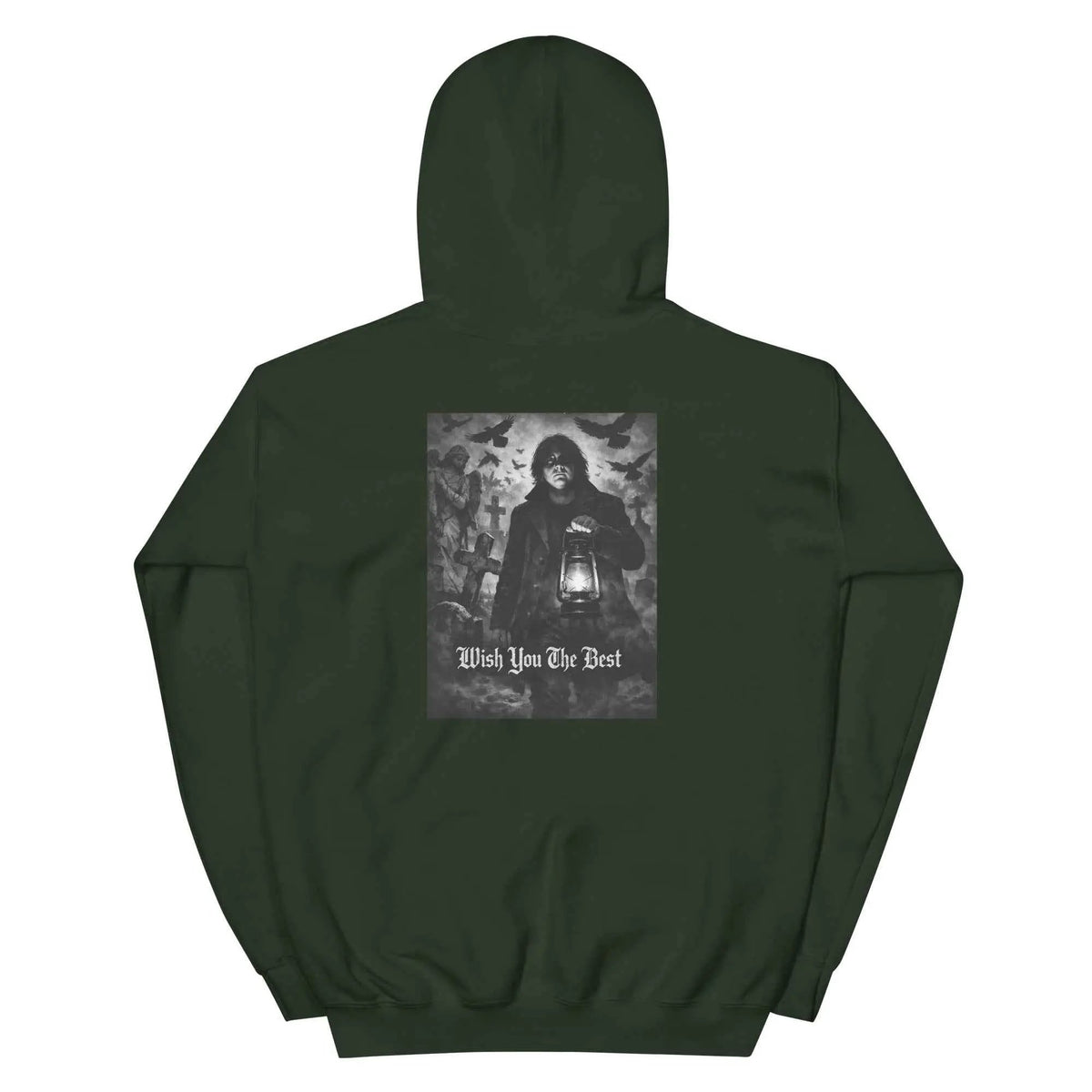 Forest green unisex hoodie back with central graphic, pullover hood, and kangaroo pocket.