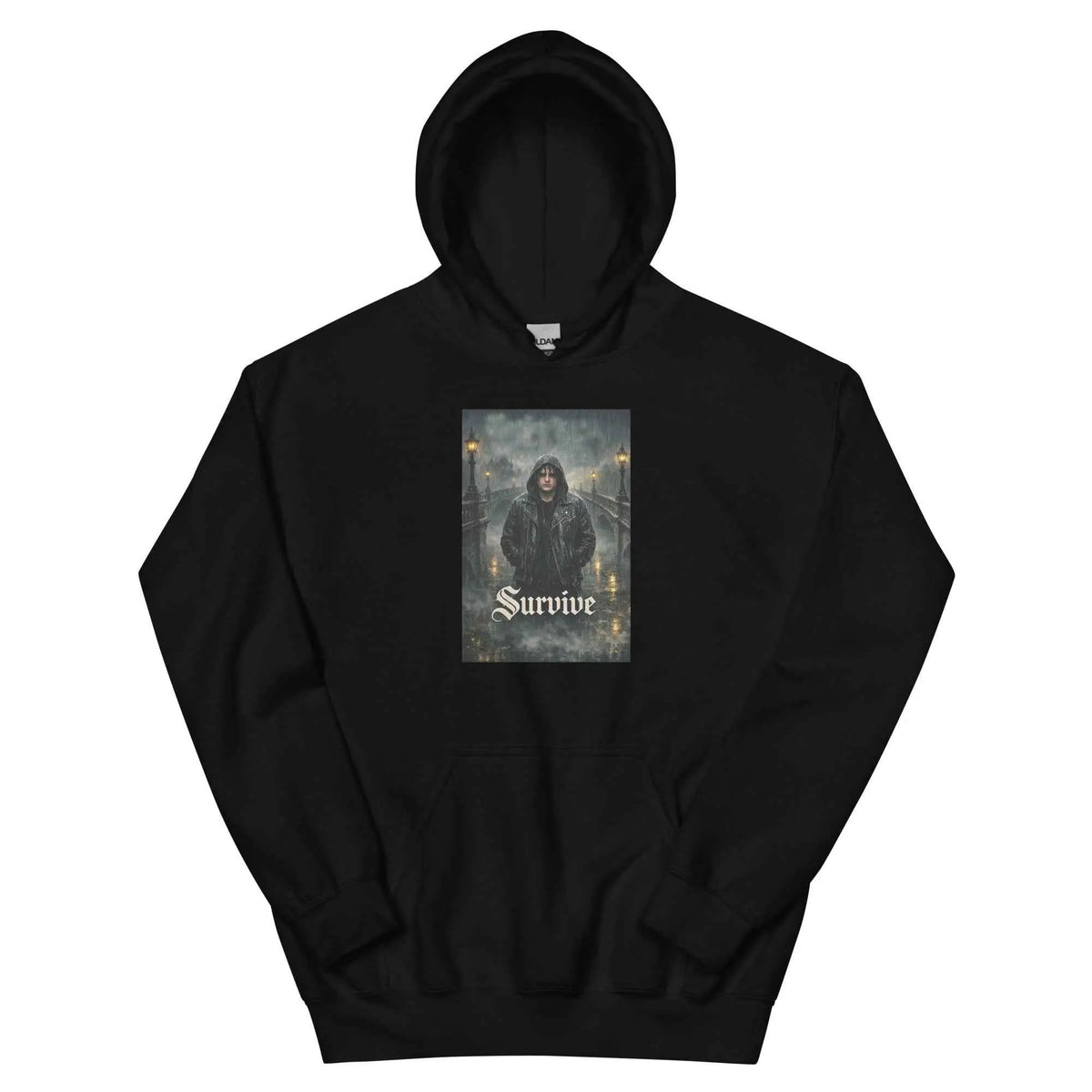 Black unisex hooded pullover sweatshirt with front 'Survive' gothic graphic