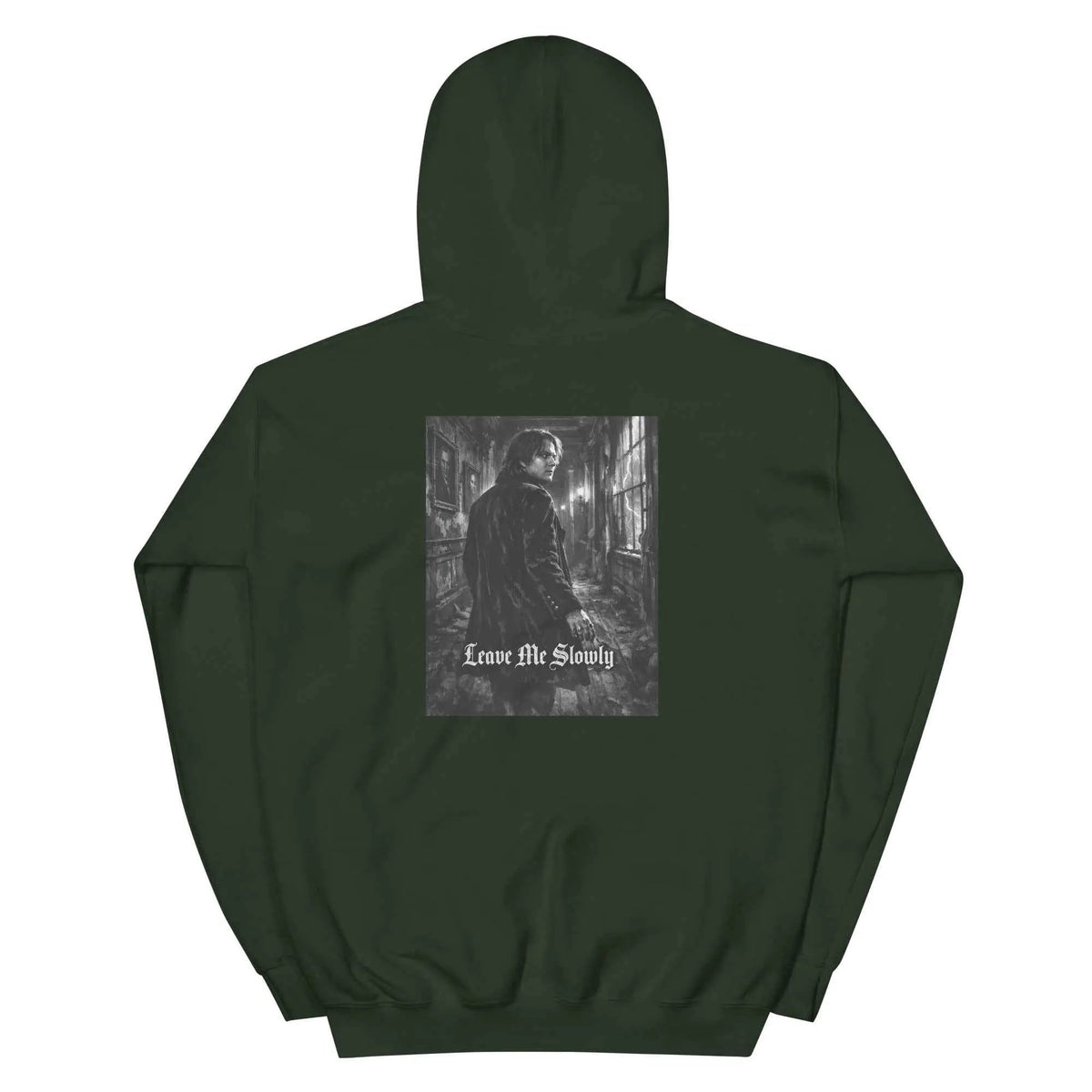 Forest green unisex hoodie with back square graphic print and pullover hood.